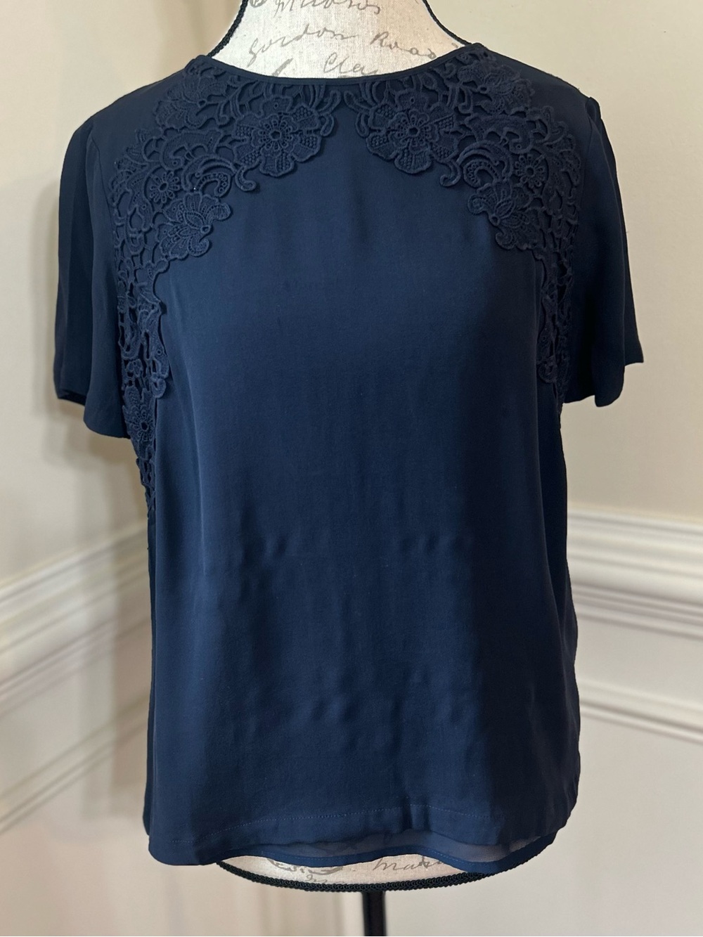 Tory Burch Navy Short Sleeve Blouse with Lace Yoke